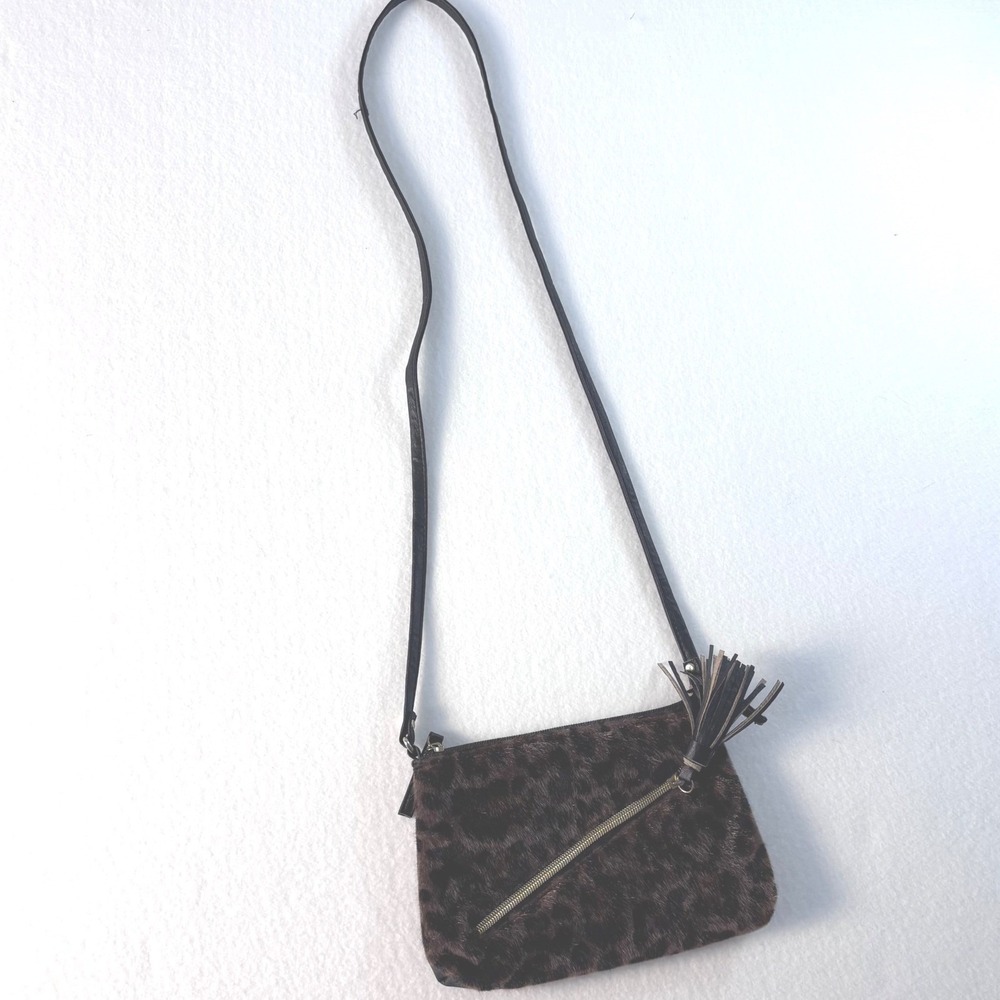Unbranded Leopard Print Faux Fur Crossbody Bag Black Tassel Accent Small Purses